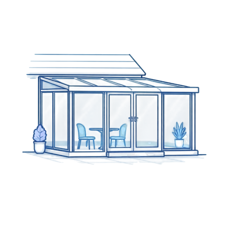 Modern glass patio enclosure with plants