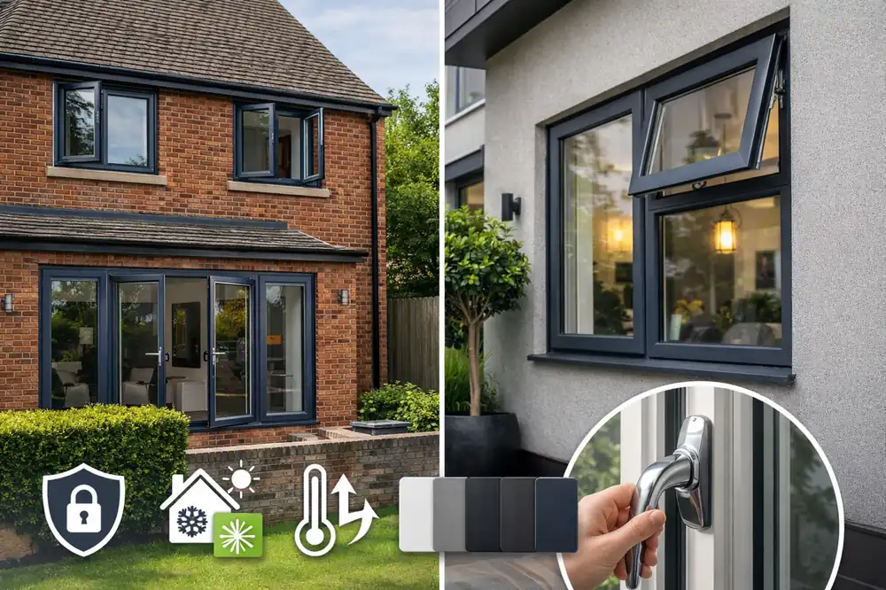 Aluminium casement windows installed on a modern UK home with secure locking system, thermal insulation features, and anthracite grey frames in Enfield
