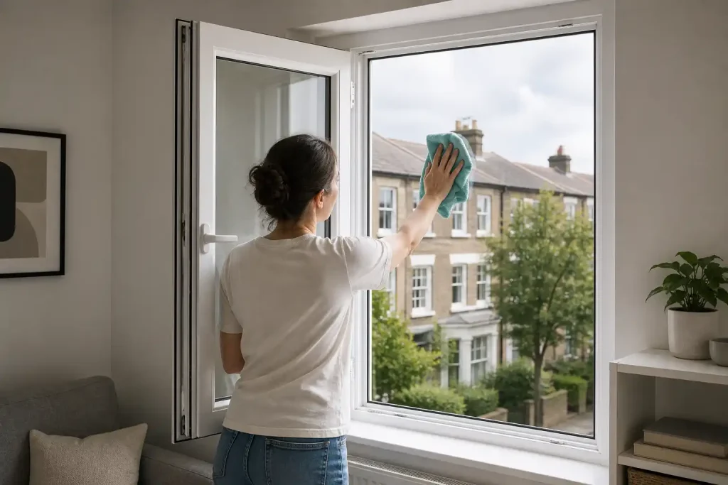 Cleaning both sides of the glass from inside