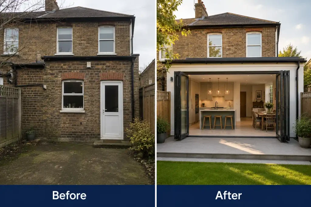 before and after rear extension bi-fold installation