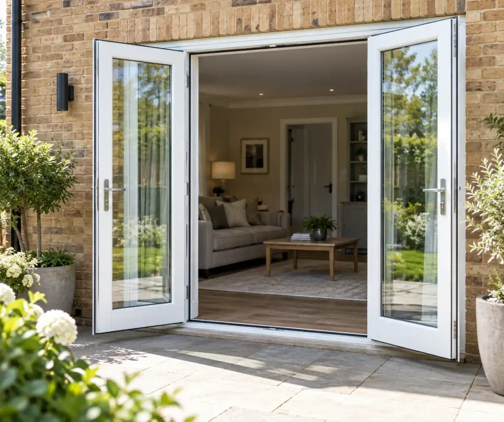 open french doors to a cozy living room in a property of Enfield